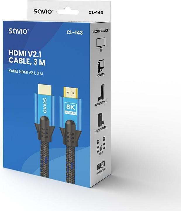 Actual product image Savio HDMI cable (M) v2.1, 3 m, 8K, copper, blue black, gold end, ethernet/3D, CL-143 (3 m, HDMI)