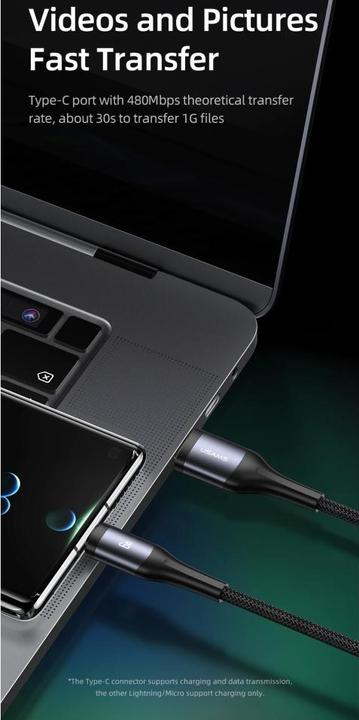 Actual product image Usams US-SJ600 U83 3IN1 Transparent Digital Display PD100W Fast Charging & Data Cable 1.2m C To C+L+M (1.20 m, USB 2.0)