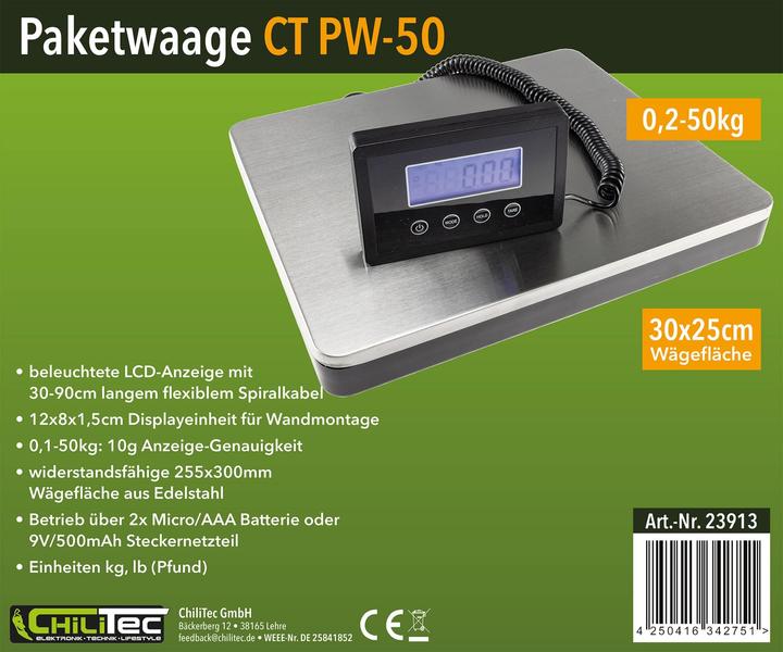 Immagine prodotto Chilitec Bilancia per pacchi / bilancia per spedizioni CT PW-50, 0,1...50 kg, 30x25 cm
