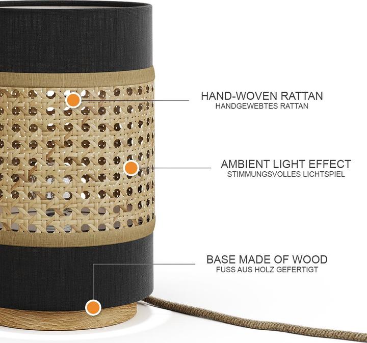 Actual product image Vicco Table lamp Morten, Rattan/black, 17.5 x 26.5 cm (E27)
