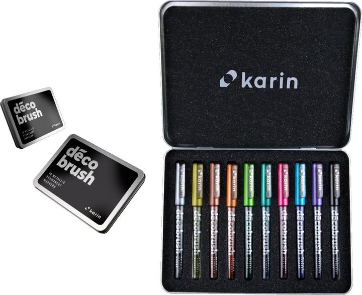 Actual product image Karin Brush Marker Pro Metall Box (Metallic Silver, Metallic Blue, Metallic Red Gold, Metallic Violet, Metallic Light Green, Metallic Black, Metallic Green, Metallic copper, Metallic Pink, Metallic Gold, 10 x)