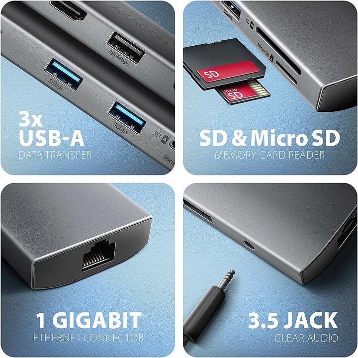 Produktbild Axagon HMC-8HLSA Wieloportowy hub USB-C 3.2 Gen 1 hub, 3x USB-A + 4K/30Hz HDMI + SD/microSD, GLAN, Audio (USB-C, 8 Ports)