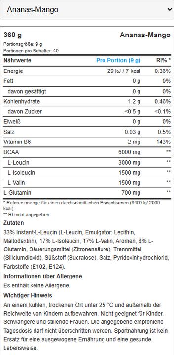 Valeurs nutritives et ingrédients Biotech USA BCAA Zero (1 pièce(s), Poudre, 360 g)