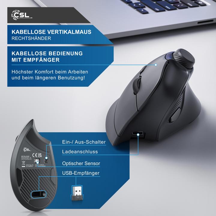 Immagine prodotto CSL Mouse verticale senza fili, radio a 2,4 GHz, 250dpi, mouse wireless ergonomico, contro il braccio (Senza fili)
