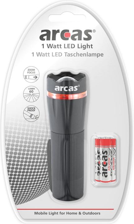 Produktbild Arcas ARC-1 Watt Zoom LED plastic torch / 1 x High Power LED, 60 lumen (3.25 cm, 60 lm)