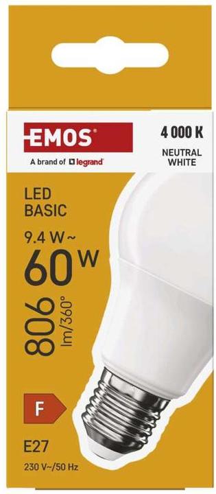 Produktbild Emos LED Lampe Basic A60 / E27 / 9,4 W (60 W) / 806 lm / Neutral Weiss (E27, 9.40 W, 806 lm, 1 x, F)