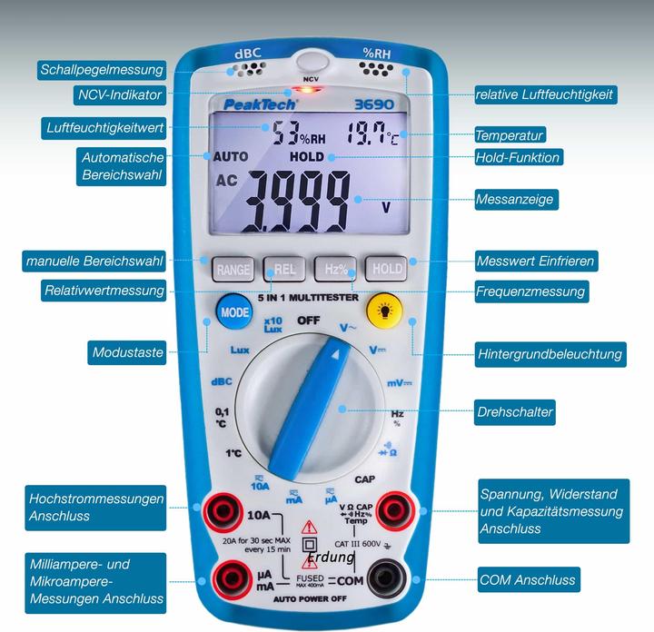 Immagine prodotto Peaktech P 3690 Multimetro digitale (CAT III 600V)