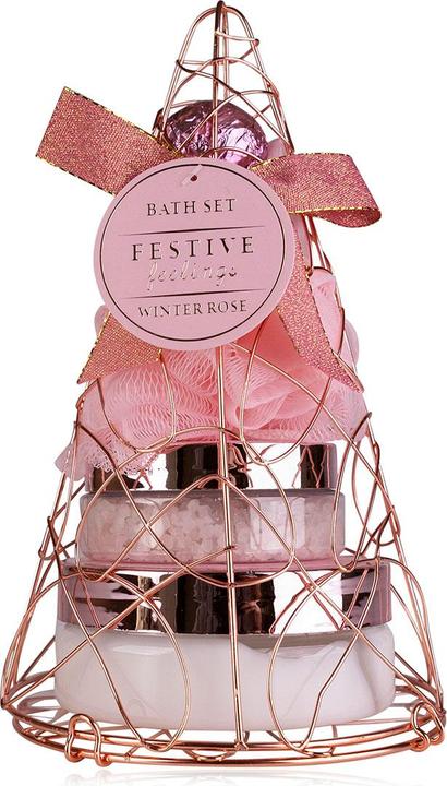 Image du produit Accentra Coffret cadeau FESTIVE FEELINGS dans une corbeille métallique pyramidale, parfum : Winter Rose (Set soin du corps)