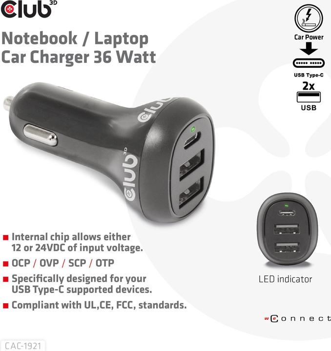 Immagine prodotto Club 3D Caricatore da auto USB Club3D 1xUSB C, 2xUSB A, 36W, 12/24V al dettaglio