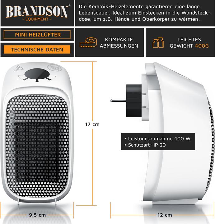 Image du produit Brandson Steckdosen Mini Heizlüfter 400W, Keramikheizlüfter, Badezimmer Mini Heizgerät mit Temperaturregelung (400 W)