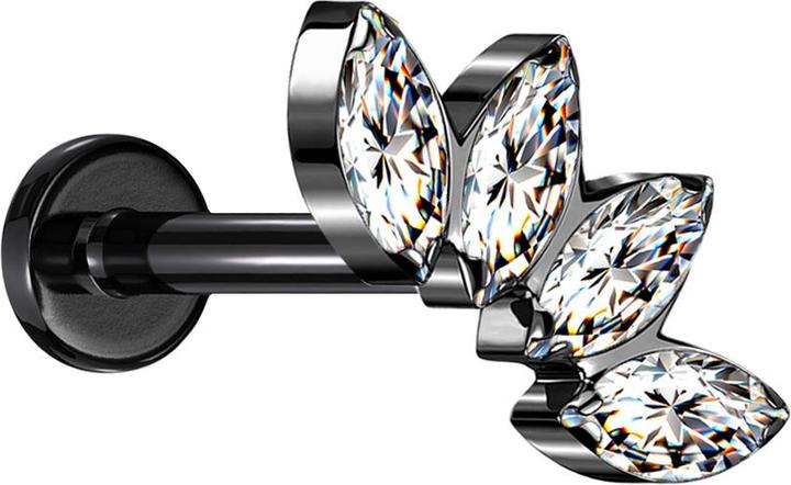 Star Piercing Micro Labret Innengewinde schwarz Fächer mit vier Kristallen silber (ohne Messing, Titan G23)