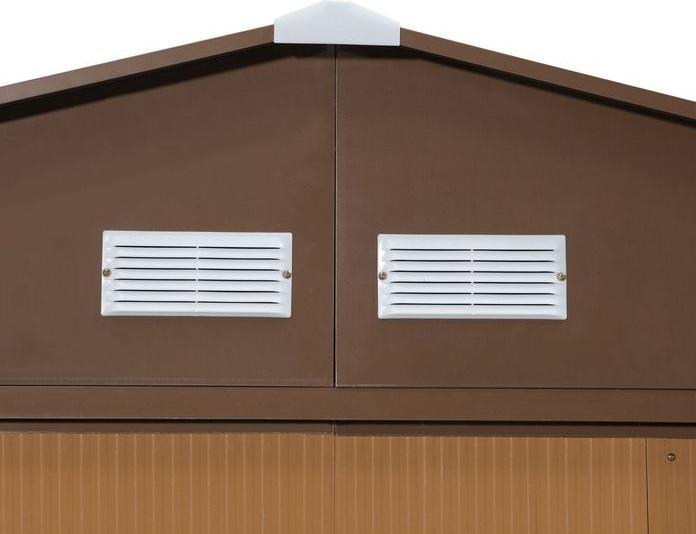 Produktbild Swisshandel24 Gerätehaus mit Bodenplatte Geräteschuppen Gartenhaus Garten Schuppen Metall Braun 340 x 386 x 200 cm