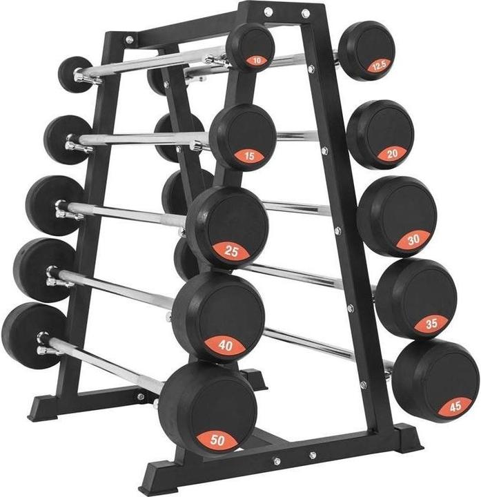 Produktbild Gorilla Sports Profi Kompakt Langhantelset mit Ablage (1 x 10 kg, 1 x 15 kg, 1 x 20 kg, 1 x 25 kg, 1 x 12.5 kg, 1 x 30 kg, 1 x 35 kg, 1 x 40 kg, 1 x 45 kg, 1 x 50 kg)