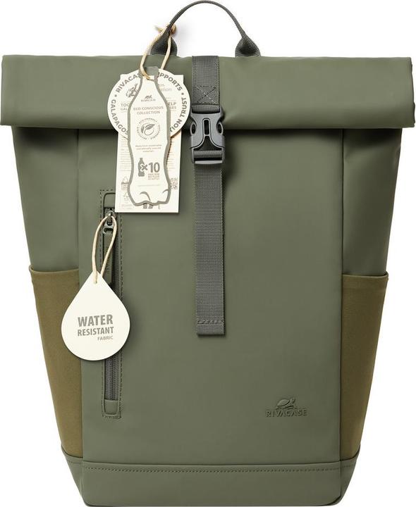 Produktbild Rivacase Rolltop Eco Waterproof RPET PU Leather Backpack for Men and Women, Olive Green (17 l)