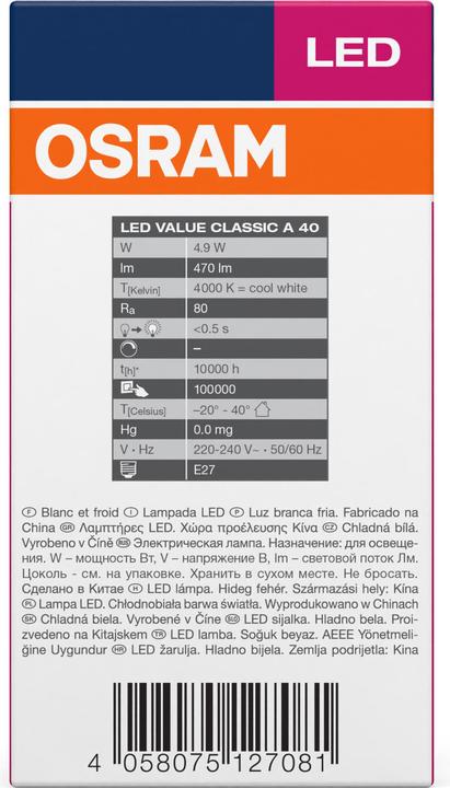 Image du produit Osram Value Classic (E27, 4.90 W, 470 lm, 1 x, F)