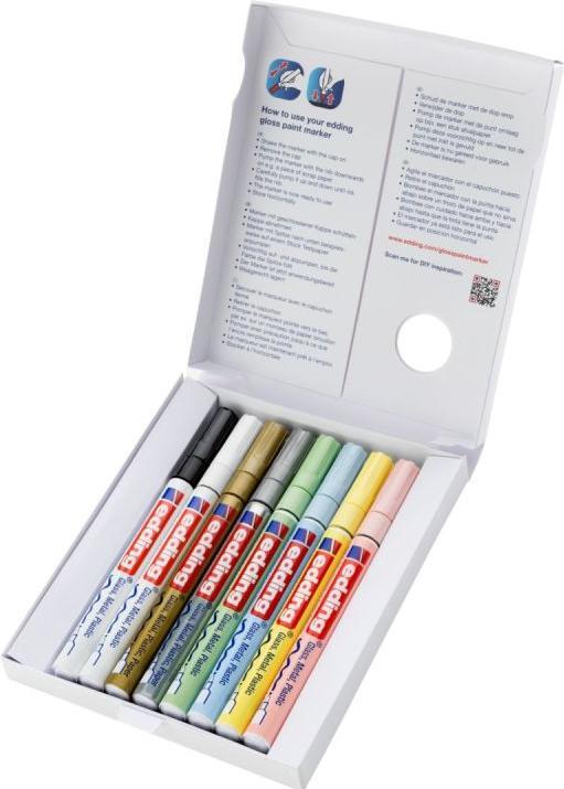 Produktbild Edding Glanzlackmarker (Pastellgrün, Pastellrosa, Pastellblau, Schwarz, Pastellgelb, Weiss, Gold, Silbern, 2 mm, 8 x)