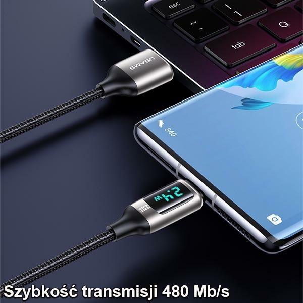 Image du produit Usams Câble pleciony U78 USB-C 1.2m LED 6A Fast Charging czarny/black SJ544USB01 (US-SJ544) (1.20 m, USB 3.2 Gen 1)