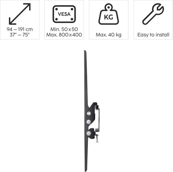 Produktbild Hama TV-Wandhalterung, neigbar, 191 cm (75") bis 40 kg (Wand, 75", 40 kg)