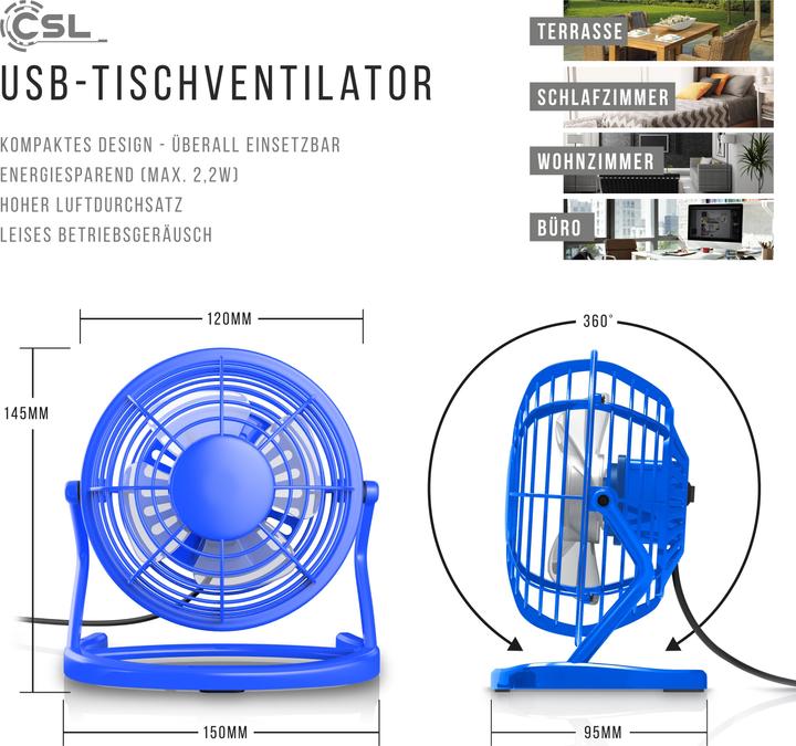Immagine prodotto CSL Mini ventilatore USB, ventilatore da tavolo inclinabile, interruttore on/off, ideale per la