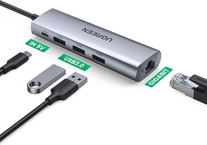 Immagine prodotto Ugreen CM266 Adattatore Hub 5in1 USB, 3x USB 3.0, micro USB, RJ45 (grigio) (Micro USB, USB-A, 5 Porti)
