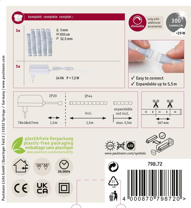 Immagine prodotto Paulmann Set di strisce MaxLED 250 (Luce del giorno, 150 cm, Interno)