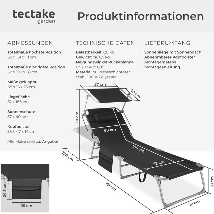 Actual product image tectake Chloé Sun Lounger 4-Position, Headrest and Bag (161 cm)