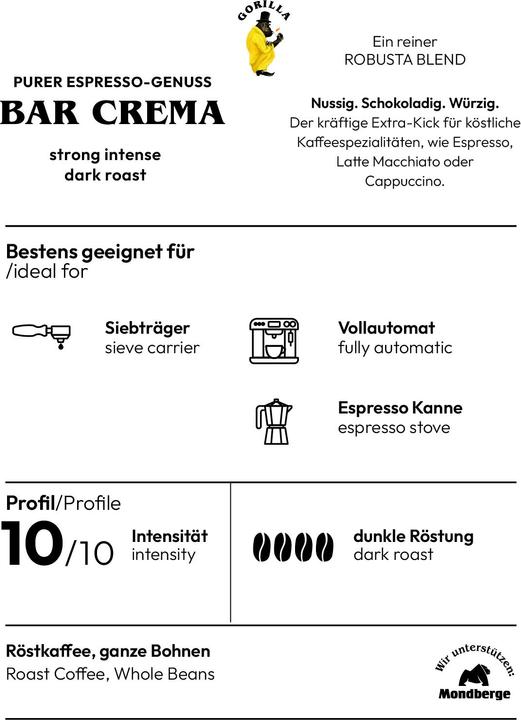 Actual product image Gorilla Kaffee Bar Crema (1000 g, Medium roast)