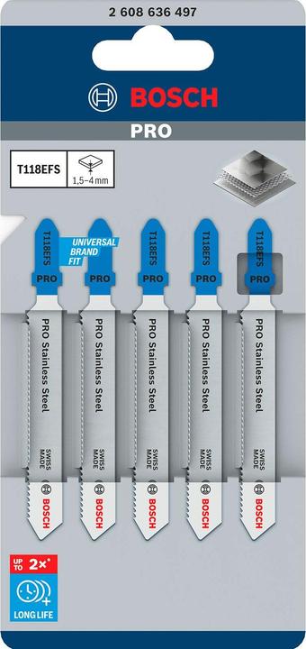 Immagine prodotto Bosch Professional Zubehör Lama per seghetto alternativo PRO in acciaio inox T118EFS, 83 mm, 5 pezzi.