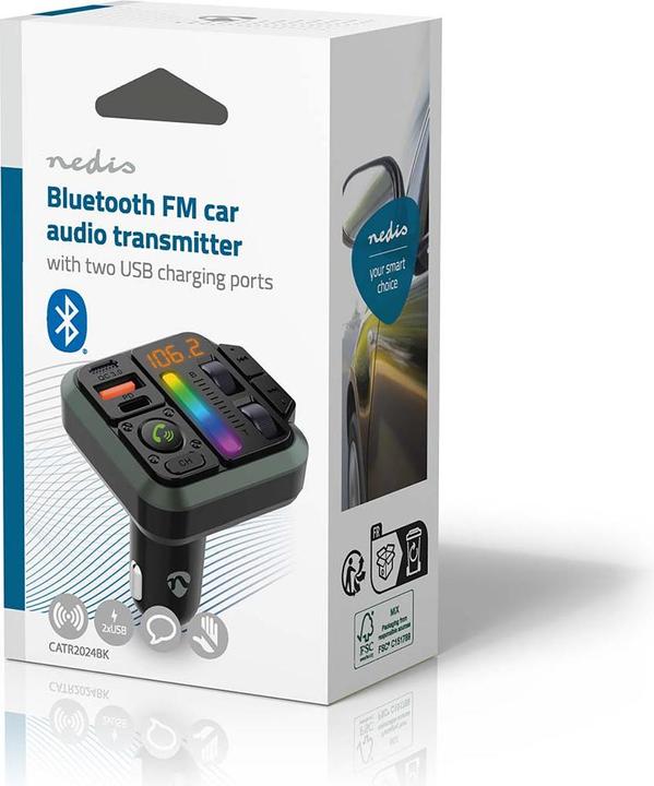 Actual product image Nedis Car Audio FM Transmitter - Fixed - Hands-free - 1" - Amber Screen - Bluetooth - PD 18 W/PD 2