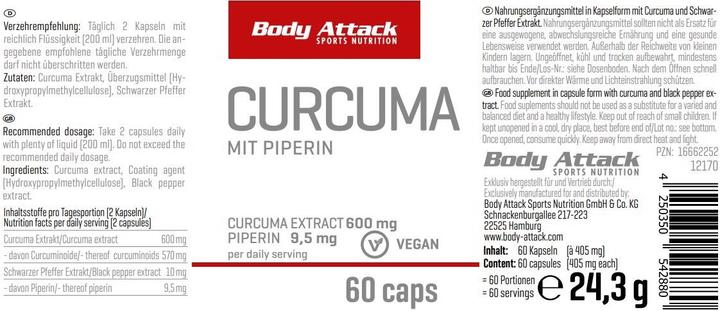 Nutritional values and ingredients Body Attack Curcuma (60 Piece, Capsules)