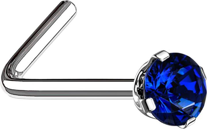 Star Piercing Nasenstecker gewinkelt silber runder Kristall dunkelblau gefasst (ohne Messing, Chirurgenstahl 316L)