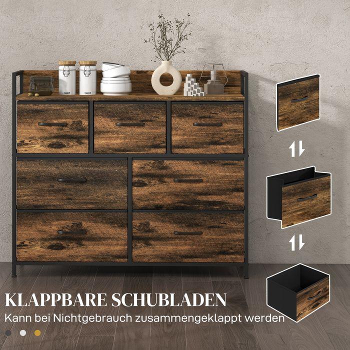 Produktbild Swisshandel24 Kommode, Sideboard mit 7 Stoffschubladen, Industrial Design, Stahlrahmen, 98x29x85cm, Braun/Schwarz