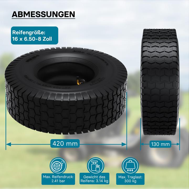 Image du produit Wiltec Pneu pour tracteur à pelouse 16x6.50-8 4pr avec chambre à air et valve coudée tondeuse à gazon (Tracteur de pelouse, Accessoires pour tracteurs)