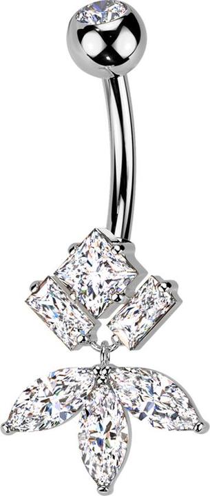 Actual product image Star Piercing Banane silber mit Kugel Kristall silber und drei eckige Kristalle Anhänger Blatt Kristalle silber (Titanium G23, Brass)
