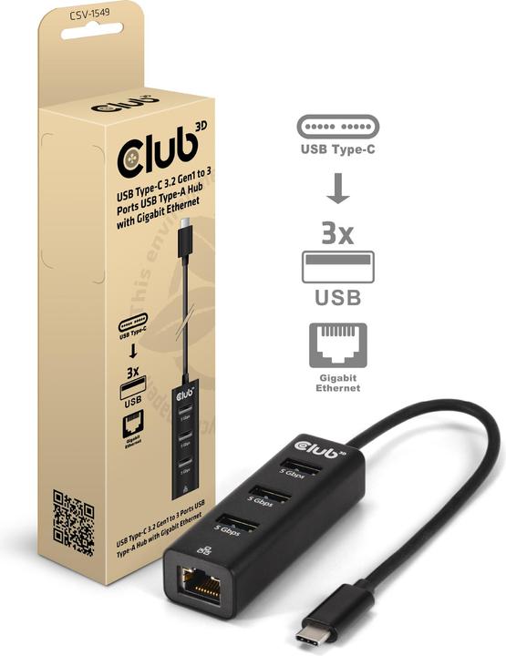 Immagine prodotto Club 3D Hub USB Club3D USB Type-C 3.2 > 3x USB Type A Gigabit Ethernet retail (USB-C, 4 Porti)