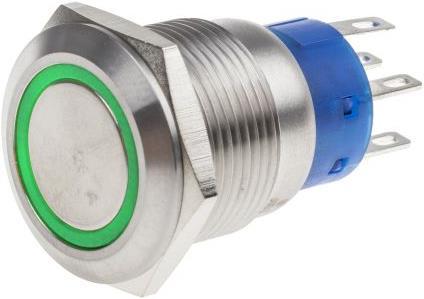 Actual product image Rs Pro 19mm,stainless,DPDT,Latch,Green Led,12V