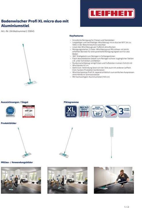 Produktbild Leifheit Bodenwischer Profi XL micro duo mit Aluminiumstiel (1 Stk.)