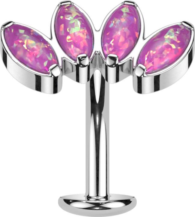 Star Piercing Threadless Labret-Stab Banane silber Fächer mit vier Opale pink (Titan G23)