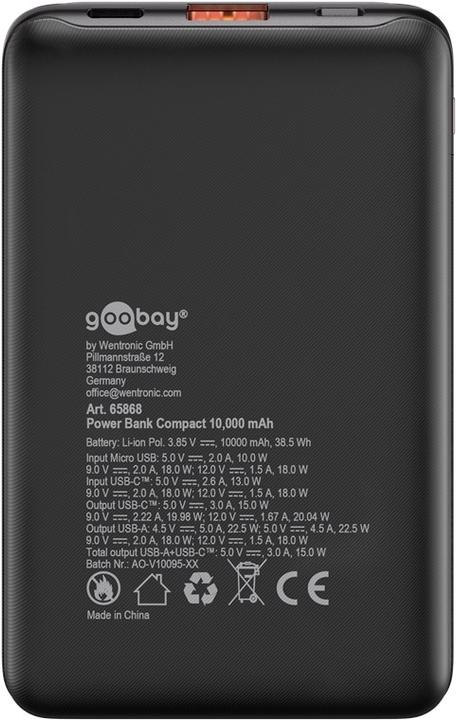 Immagine prodotto Goobay Powerbank compatto da 10.000 mAh (10000 mAh, 22.50 W, 38.50 Wh)