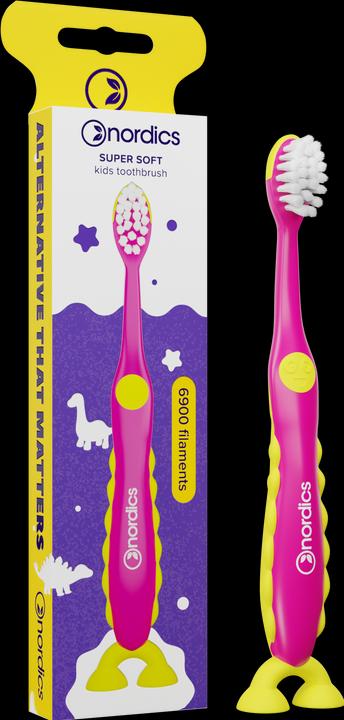 Immagine prodotto Nordics Spazzolino per bambini 6900 Super Soft Rosa - Dinosauro giallo (Morbido, 1 x)