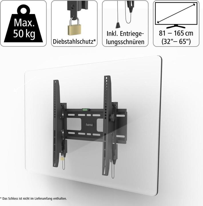 Image du produit Hama Support TV mural, inclinable, antivol, 165 cm (65") jusqu'à 50 kg (Mur, 65", 50 kg)
