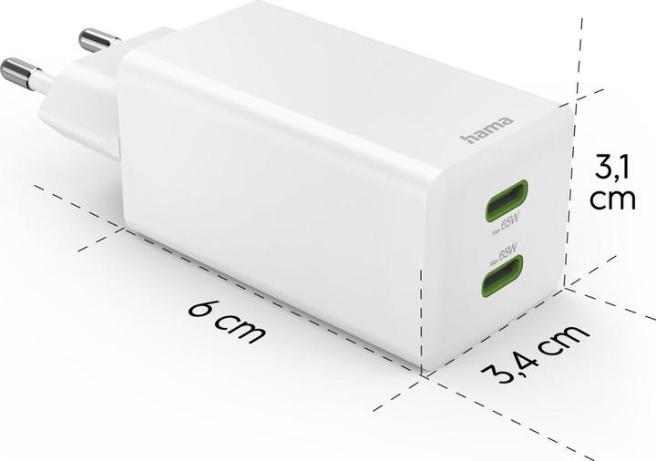 Produktbild Hama Schnellladegerät, GaN, 2x USB-C, PD/Qualcomm®, Mini-Ladegerät, 65 W, Weiss (65 W)