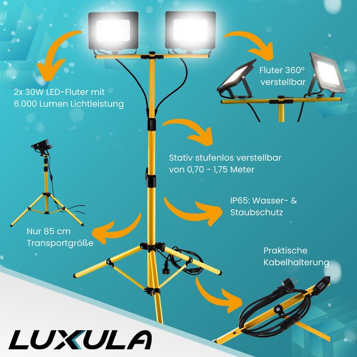Image du produit Luxula Projecteur de chantier à LED avec trépied (6000 lm, IP65)
