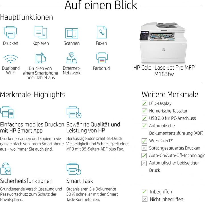 Produktbild HP Color LaserJet Pro MFP M183fw (Laser, Farbe)