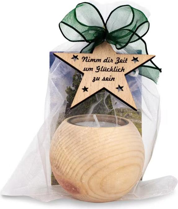 Actual product image ZNatur Swiss stone pine wood+glass tealight holder star & ball decorative gift with engraving Take time to (1 x)