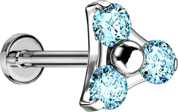 Image du produit Star Piercing Micro Threadless Labret argent triangle trois cristaux aqua (sans laiton, Titane G23)