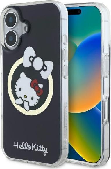 Immagine prodotto Hello Kitty HKHMP16SHFLBK Custodia rigida per iPhone 16 6,1" in pelle nera IML Fun bow Magsafe (Apple iPhone 16)