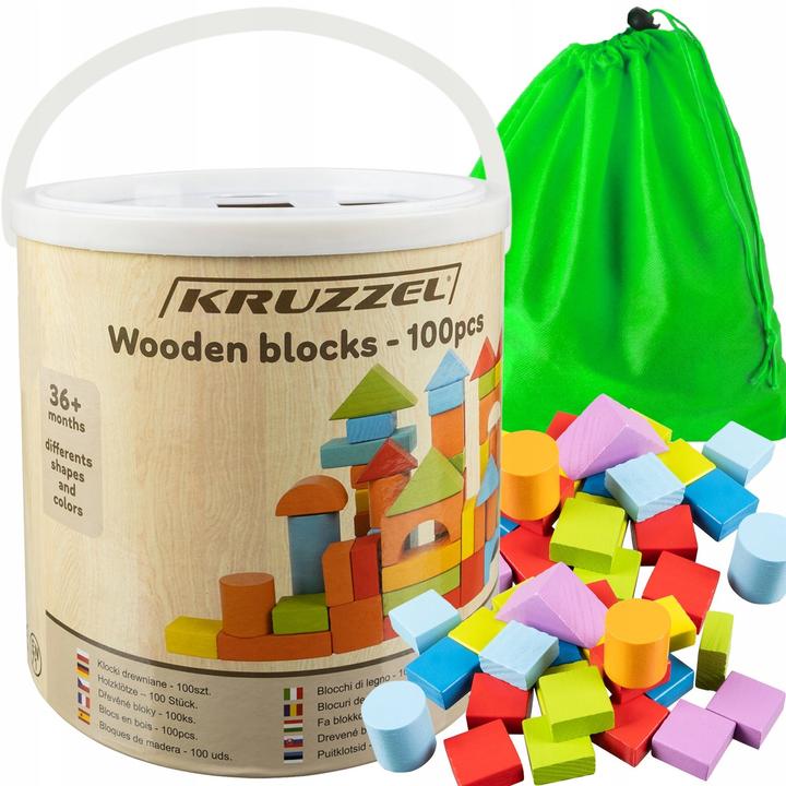 Productafbeelding Kruzzel 100 houten blokken in een emmer met sorteerdeksel