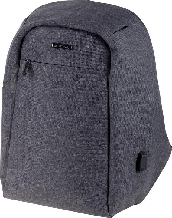 Lightpak Backpack "SAFEPAK", with USB charging port, gray polyester, padded back, trolley strap