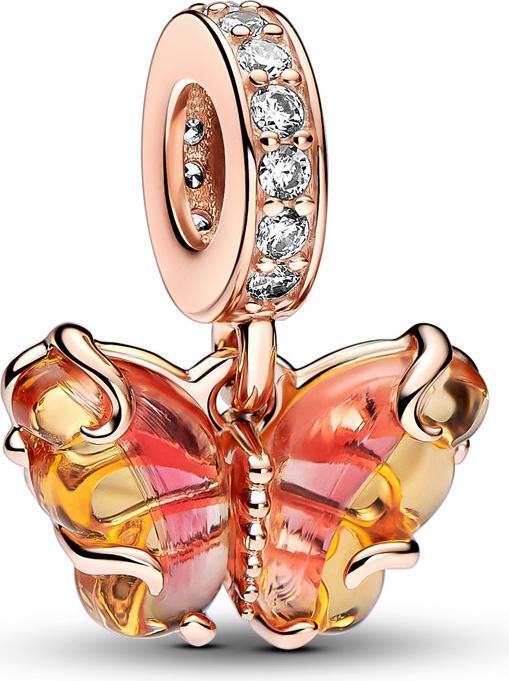 Pandora Rosafarbener & Gelber Murano Glas Schmetterling Charm Anhänger (Glas)